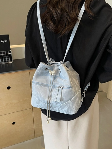 Zaino a Secchiello in Pelle PU Increspata con Farfalla e Künstliche Perle per Donna Borsa a Tracolla Versatile Grande Capacità Uso Quotidiano
