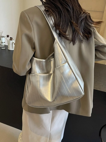 Grand Sac Cabas Femme en Cuir PU à Rayures Verticales Brillant Métallisé Sac à Épaule Hobo pour Travail Quotidien