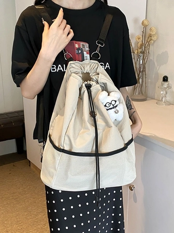 Damen Casual Nylon Kordelzug Rucksack Große Kapazität Reisetasche Mesh Nähen Mode Rucksack Mit Plüsch Anhänger