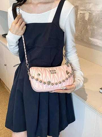 Borsa a Spalla da Donna Alla Moda Pieghettata Matelassé Borsa da Sottobraccio in Pelle PU Con Catena di Perle Metalliche