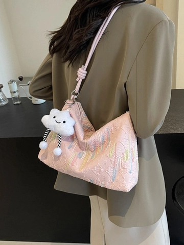 Women Large Capacity Fabric Tote Bag Colorful Wavy Embroidery Cute Cloud Charm Shoulder Bag Fashion Casual Crossbody Bag
