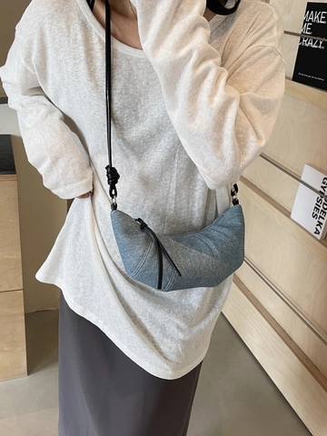 Women's French Niche Denim Croissant Shoulder Bag Fashion Solid Color Dumpling Bag With Knotted Strap Crossbody Purse