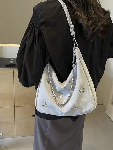 Women Wrinkled PU Leather Shoulder Bag Butterfly Decor Fashion Hobo Underarm Bag With Chain Strap Daily Versatile Handbag