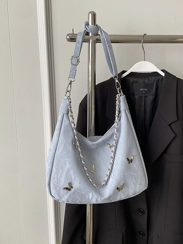 Women Wrinkled PU Leather Shoulder Bag Butterfly Decor Fashion Hobo Underarm Bag With Chain Strap Daily Versatile Handbag