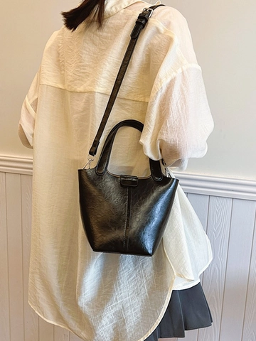 Borsa a Secchiello Minimalista Donna Texture Increspata Argento Metallizzato Nero Lucido Borsa a Mano Con Tasca Interna