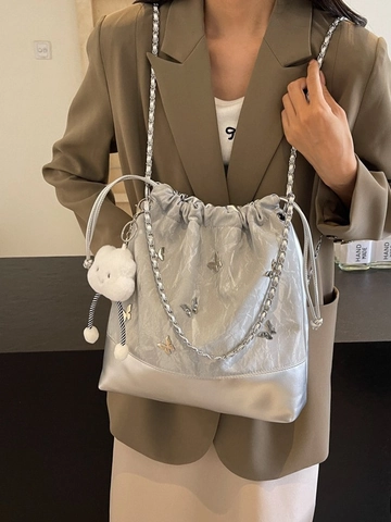 Women's Fashion PU Leather Drawstring Bucket Backpack Butterfly Metal Decor Chain Strap School Bag With Cloud Charm