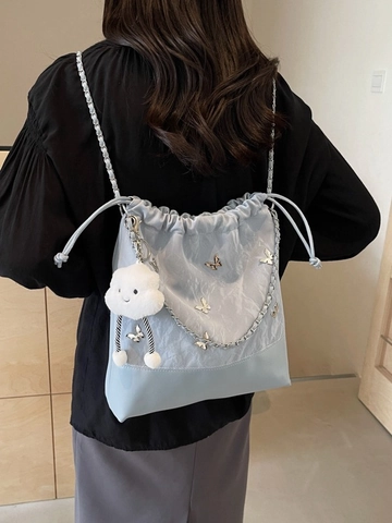 Women's Fashion PU Leather Drawstring Bucket Backpack Butterfly Metal Decor Chain Strap School Bag With Cloud Charm