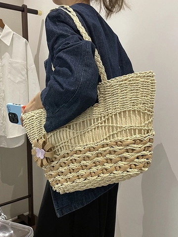 Γυναικεία Τσάντα Tote από Άχυρο Μεγάλης Χωρητικότητας Γαλλικό Ποιμενικό Στυλ Διάτρητη Χειροποίητη Τσάντα Ώμου Με Γούρι Λουλούδι Πεταλούδα Τσάντα Παραλίας