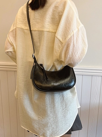 Borsa a Spalla da Donna in Pelle PU Increspata a Mezzaluna Hobo Metallizzata Argento Nero Sottobraccio Moda Quotidiana