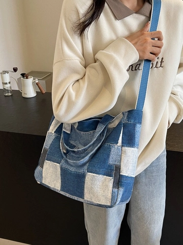 Damen Denim Patchwork Tragetasche Große Kapazität Lässige Schulter Umhängetasche Für Schule Pendeln Student Mode Handtasche