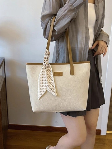 Bolso Tote de Gran Capacidad para Mujer Cuero PU Granulado Color Contraste Bolso de Hombro con Bufanda Decorativa Casual