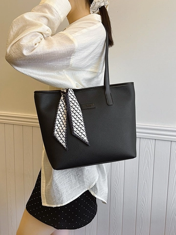 Bolso Tote de Gran Capacidad para Mujer Cuero PU Granulado Color Contraste Bolso de Hombro con Bufanda Decorativa Casual