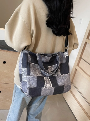 Damen Denim Patchwork Tragetasche Große Kapazität Lässige Schulter Umhängetasche Für Schule Pendeln Student Mode Handtasche