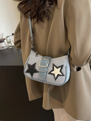 Vintage Damen Gewebte Unterarmtasche Mode Stern Patch Schulter Umhängetasche Trendy Kette Streetstyle PU Spleißen Handtasche