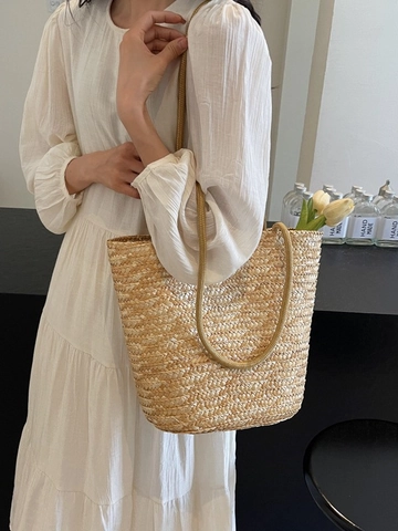 Τσάντα Tote από Άχυρο Μεγάλης Χωρητικότητας για Γυναίκες Χειροποίητη Καλοκαιρινή Τσάντα Ώμου Παραλίας Μίνιμαλ Casual