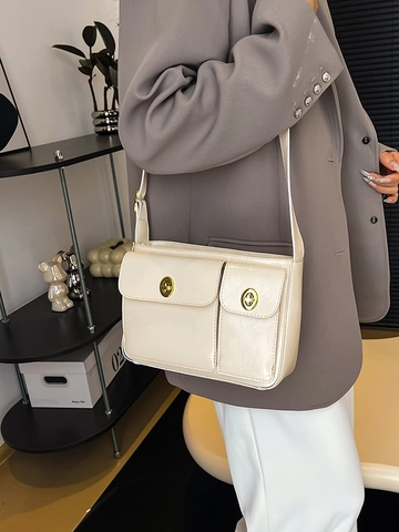 Bolso Bandolera de Cuero PU de Moda para Mujer Bolso Cuadrado Vintage Con Doble Bolsillo Cierre de Metal Color Sólido
