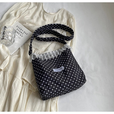 Bolso de Hombro de Lona para Mujer con Lunares y Flores Decoración de Encaje y Perlas Artificiales Bolso Bandolera de Gran Capacidad Bolso de Mano Casual Fashion Instinct