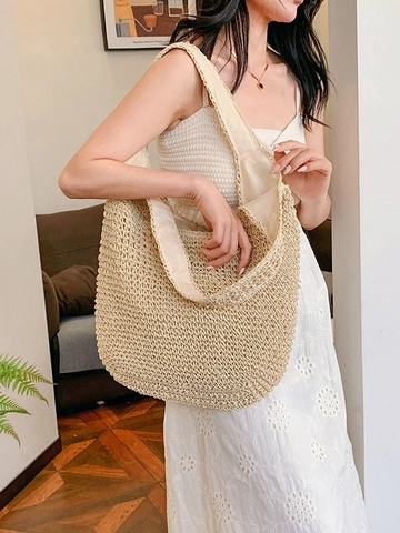 Borsa Tote in Paglia Intrecciata di Grande Capacità da Donna Stile Vacanza al Mare Borsa a Tracolla all'Uncinetto Fatta a Mano per Donna