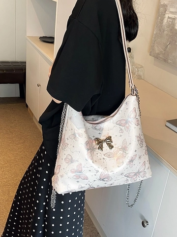 Sac Tote pour Femmes Grande Capacité Imprimé Papillon Sac à Épaule en Cuir PU Mode Avec Décoration Nœud Métallique Chaîne
