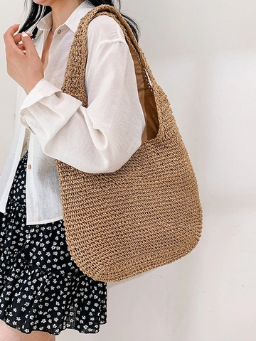 Borsa Tote in Paglia Intrecciata di Grande Capacità da Donna Stile Vacanza al Mare Borsa a Tracolla all'Uncinetto Fatta a Mano per Donna