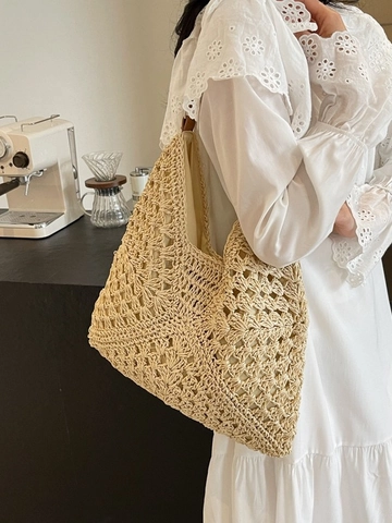 Bolso Tote de Paja Tejida de Gran Capacidad para Mujer Bolso de Playa de Ganchillo Calado Hecho a Mano con Correa de Cuero