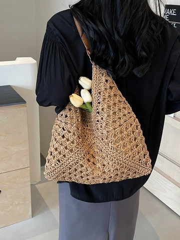 Bolso Tote de Paja Tejida de Gran Capacidad para Mujer Bolso de Playa de Ganchillo Calado Hecho a Mano con Correa de Cuero