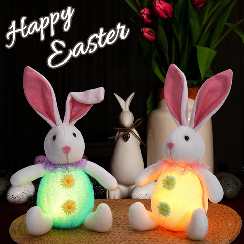 Easter Glowing Bunny Plush Toy LED Light Up Rabbit Doll With Daisy Decoration Spring Festival Gift Home Party Decor