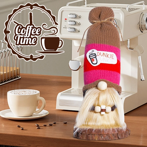 Ornamento Gnomo del Caffè Cappello a Righe in Maglia Bambola Senza Volto Con Tazza da Caffè Base in Legno Decorazione Casa