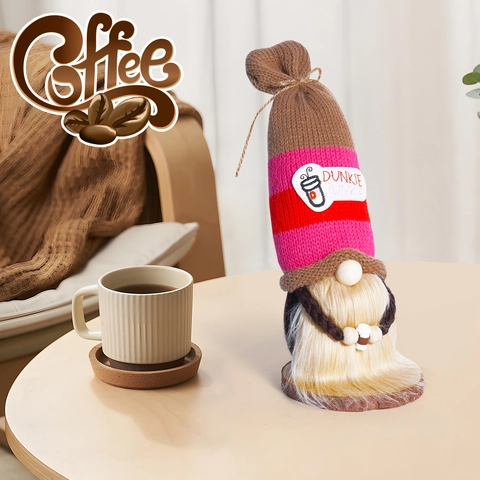 Handgemaakte Koffie Kabouter Pluche Kerst Gezichtsloze Pop Gebreide Gestreepte Muts Ornament Met Mini Koffiebeker Voor Thuis Decoratie
