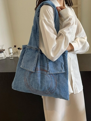 Dames Denim Tragetasche Grote Capaciteit Vintage Contraststiksels Gewassen Jeans Schoudertas Casual Woon-werkverkeer Handtas