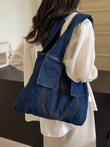 Dames Denim Tragetasche Grote Capaciteit Vintage Contraststiksels Gewassen Jeans Schoudertas Casual Woon-werkverkeer Handtas
