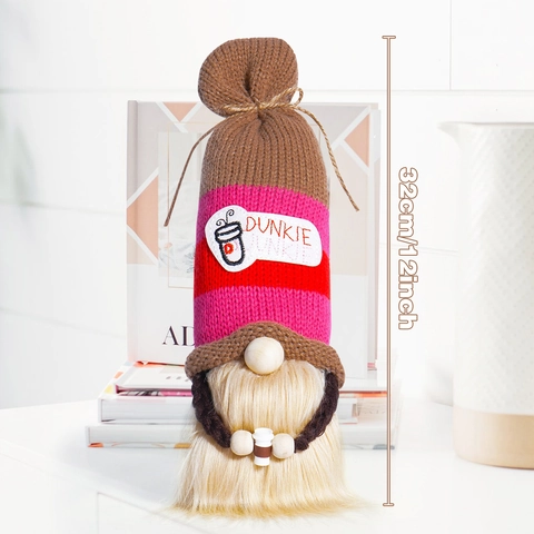 Handgemaakte Koffie Kabouter Pluche Kerst Gezichtsloze Pop Gebreide Gestreepte Muts Ornament Met Mini Koffiebeker Voor Thuis Decoratie