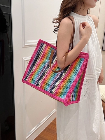 Women Colorful Rainbow Striped Straw Woven Tote Bag Large Capacity Beach Shoulder Bag With Brown Leather Handles Vacation