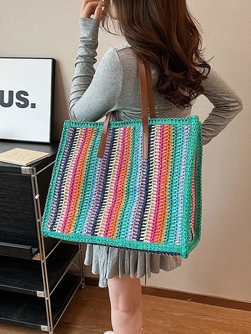 Women Colorful Rainbow Striped Straw Woven Tote Bag Large Capacity Beach Shoulder Bag With Brown Leather Handles Vacation