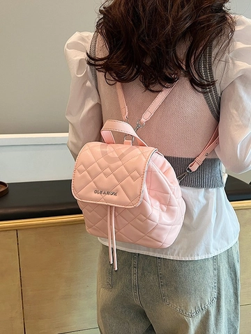 Women Quilted Mini Backpack Rhombic Pattern Metallic PU Leather Drawstring Flap Handbag Casual Street Fashion Travel Bag