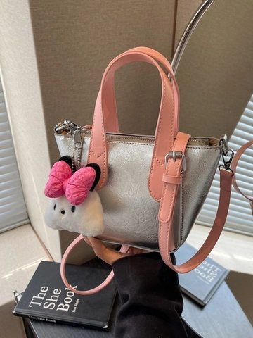 Damen Metallisch PU Leder Mini Tragetasche Mit Plüsch-Anhänger Verstellbarer Schultergurt Mode Casual Farbblock Handtasche