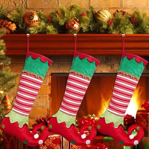 Calza di Natale Grande da Elfo a Strisce Bianche e Rosse Decorazione per Albero di Natale Sacchetto Regalo Appeso per la Casa