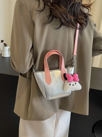 Damen Metallisch PU Leder Mini Tragetasche Mit Plüsch-Anhänger Verstellbarer Schultergurt Mode Casual Farbblock Handtasche