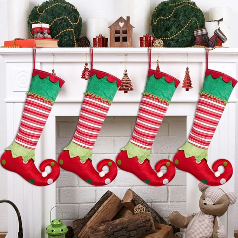 Calza di Natale Grande da Elfo a Strisce Bianche e Rosse Decorazione per Albero di Natale Sacchetto Regalo Appeso per la Casa