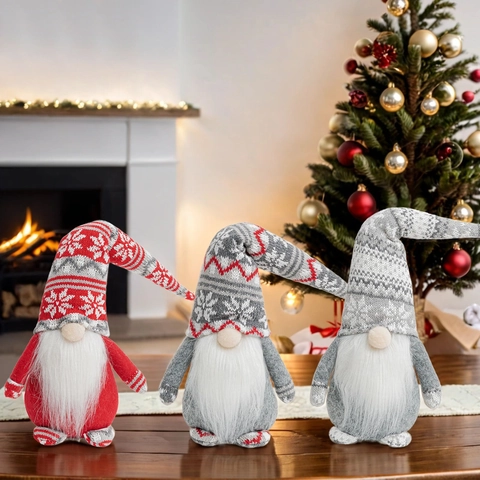 Bambola di Peluche Gnomo di Natale Fatta a Mano Ornamento Tomte Nisse Nordico Cappello a Punta in Maglia con Fiocco di Neve Decorazione Natalizia
