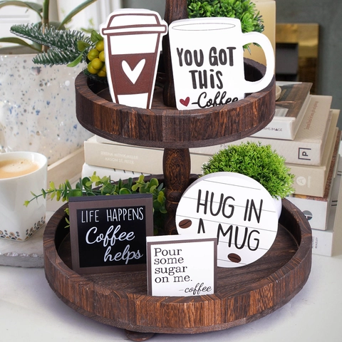 Farmhouse Coffee Tiered Tray Decor Wood Block Signs Set Hug In A Mug Life Happens Coffee Helps Rustic Desktop Ornament Home Decor
