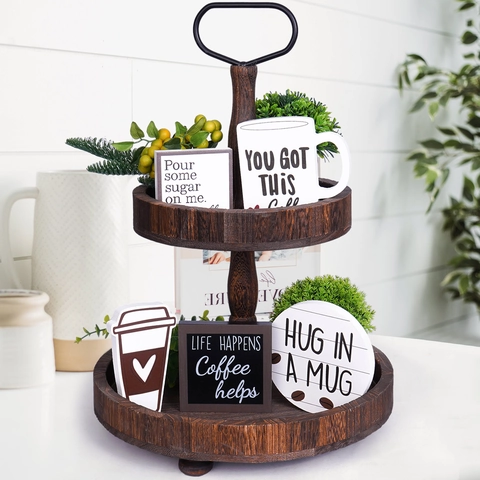 Set Decorazioni Vassoio a Livelli in Legno Rustico Insegne per Angolo Caffè Fattoria per Casa Cucina Centrotavola Ornamento in Legno
