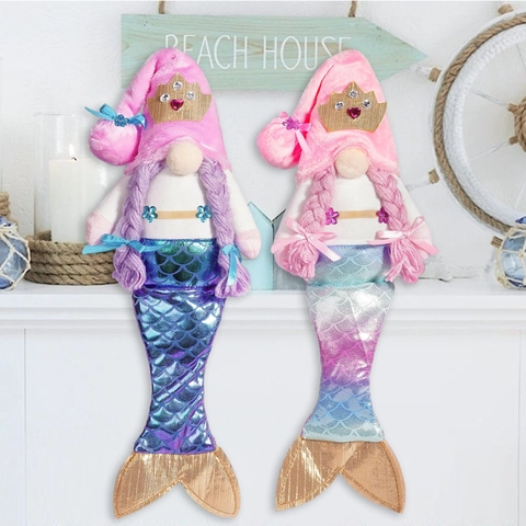 Mermaid Gnome Plush Doll Ocean Theme Faceless Rudolph Ornament With Sequin Fish Tail Gold Crown For Summer Home Decor Gift
