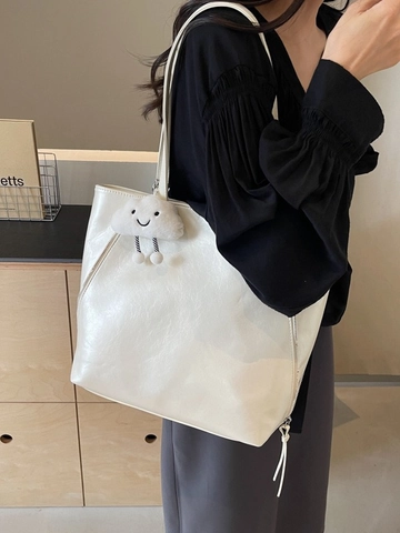 Damen Große Kapazität PU Leder Tragetasche Mit Wolkenanhänger Glänzend Pendler Schultertasche Metallic Rucksack Handtasche