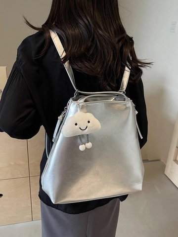 Damen Große Kapazität PU Leder Tragetasche Mit Wolkenanhänger Glänzend Pendler Schultertasche Metallic Rucksack Handtasche
