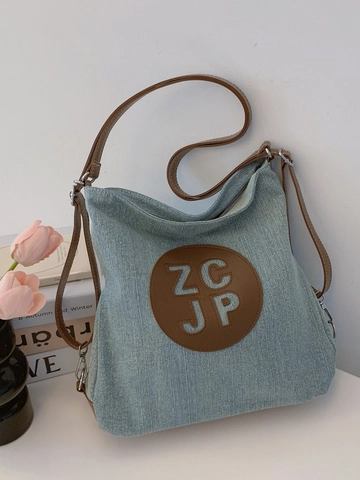 Sac Cabas en Denim et Toile pour Femmes Grande Capacité Polyvalent Sac à Épaule Décontracté Rétro Streetwear École Sac à Main
