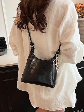 Damen Metallic Plissierte Schultertasche Mit Künstliche Perlenbogen Herzanhänger Urban Minimalistisch Hobo PU Leder Eimertasche Für Alltag