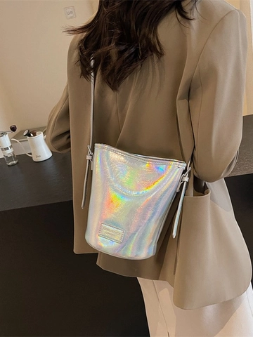 Women's Metallic Bucket Bag PU Leather Holographic Crinkled Texture Shoulder Crossbody Bag Fashion Trendy Street Style