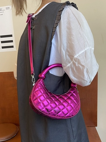Damen Gesteppte Rautenmuster Crescent Bag Metallisches PU-Leder Dumpling Schultertasche Mit Rundgriff Und Verstellbarem Riemen Mode Tote