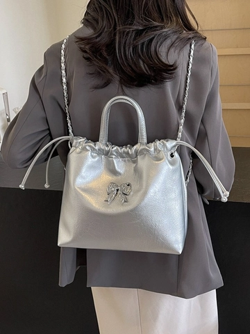 Mode Damen Eimer Rucksack PU Leder Kordelzug Tasche Mit Metall Schleife Kette Große Kapazität Pendler Reise Schulter Rucksack